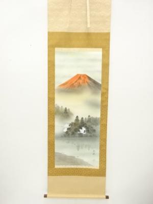 春峰筆　赤富士　肉筆絹本掛軸